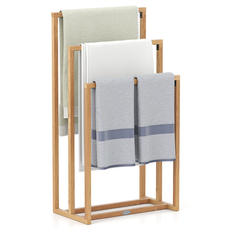 Porte-serviettes autoportant à 3 niveaux Gymax avec 3 barres transversales suspendues pour salle de bain Naturel