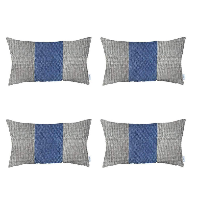 Set Of Four 20" X 12" Geometric Zippered Handmade Polyester Lumbar Pillow, Gray/Blue