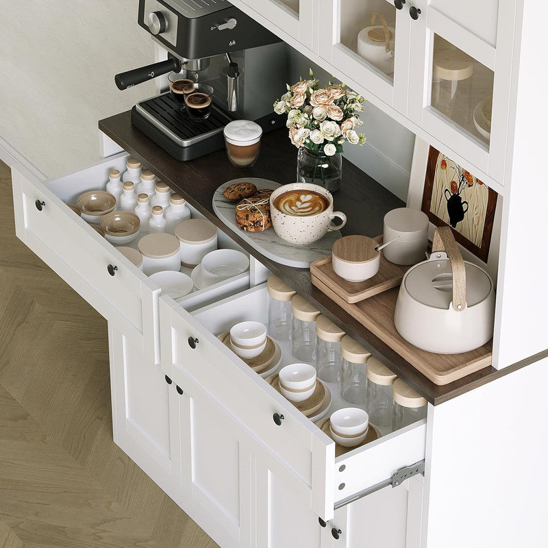 Kitchen Pantry Cabinet with Charging Station, Tall Hutch with Microwave Stand & Drawers, White