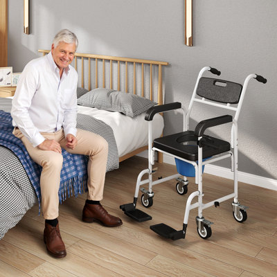 Shower Chair with Wheels 4 in 1, Bedside Commode Wheelchair with Seat, Backrest, Arms, Shower Commode Chair for Seniors, Adults, Injured or Disabled, Black
