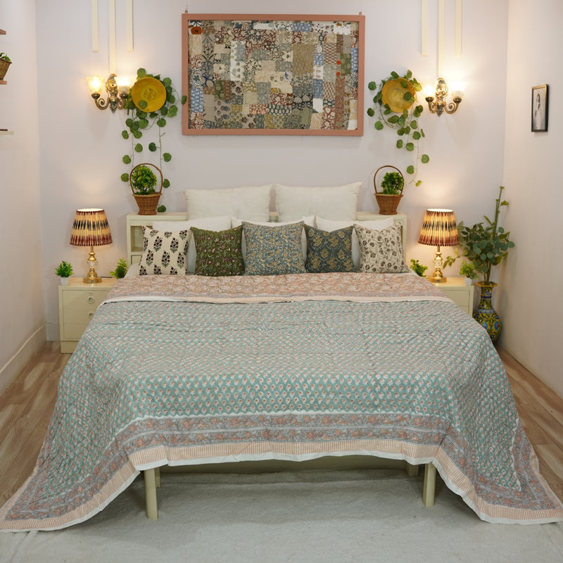 Fabdivine Luxury Block Print Cotton Quilt Floral Boho Bedding for Bedroom & Sofa, Purple/Blue, Queen