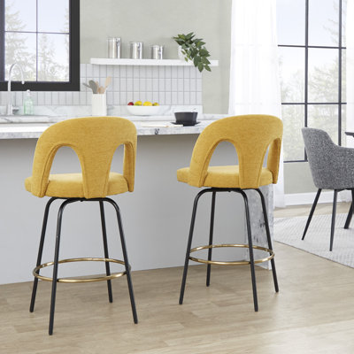 Tabouret de comptoir à hauteur fixe avec pivot en métal noir et tissu jaune avec repose-pieds rond en métal doré - ensemble de 2