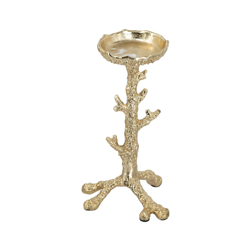 4.5X4.5X10" Gold Aluminum Pillar Candle Holder With Coral Branch Design, 10”H x 4.5”D