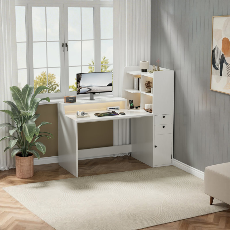 Modern White Computer Desk With 2 Drawers