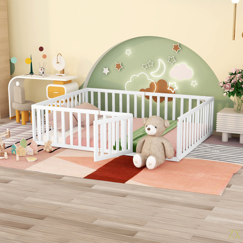 Structure de lit pour grand lit en bois avec clôture et porte, Blanc, Grand lit