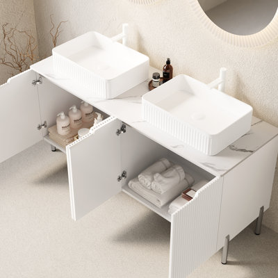 60" Bathroom Vanity, Modern, Freestanding, French Striped Basins, White Ceramic Counter, 4 Doors, Soft Close System, Large Storage, High - Quality Cabinet Freestanding Vanity With 2 Rectangular