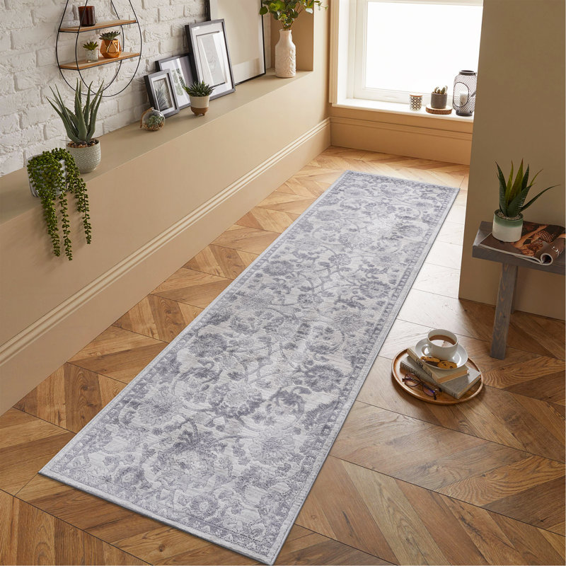 Tapis gris / argent / oriental non délesté pour le salon, la salle à manger et le bureau, Tapis de couloir 2 pi 2 po x 8 pi