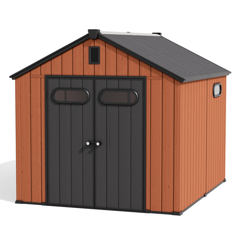 7.5'X9' Rectangular Outdoor Plastic Shed With Metal Frame, And Includes Acrylic Transparent And Vent Windows, And A Floor.