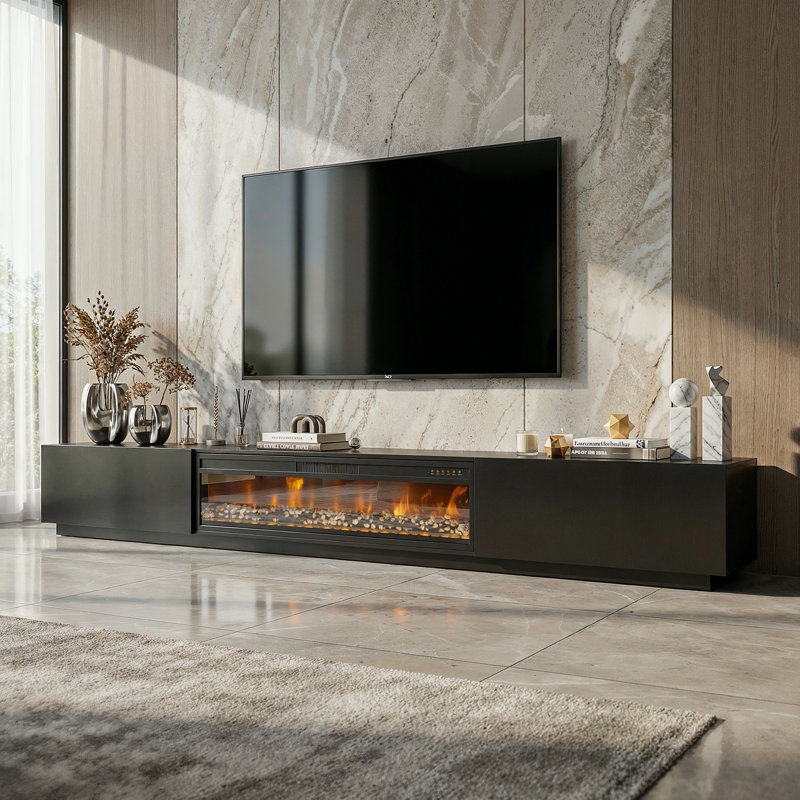 Meuble télé 109 po à 2 tiroirs avec foyer électrique, Noir
