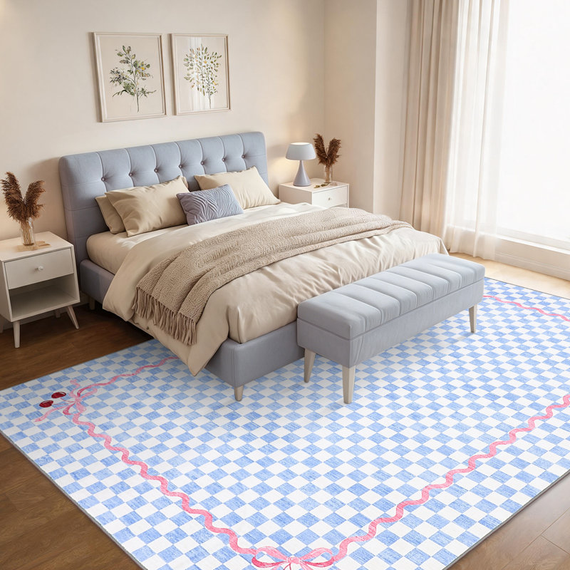 Tapis lavable en faux cerisier Coquette Gingham Cherry avec envers antidérapant, Blue, 8 x 10 pi