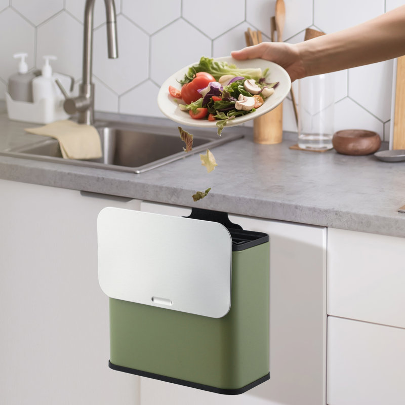 Petite poubelle suspendue 1,3 gallon / 5 L avec couvercle, poubelle en acier inoxydable avec seau intérieur, Vert / Gris