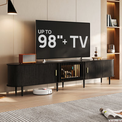 94.5" Fluted Mid-Century Modern Tv Stand With Sliding Doors & Led Lighting, Fits Tvs Up To 98"，Black