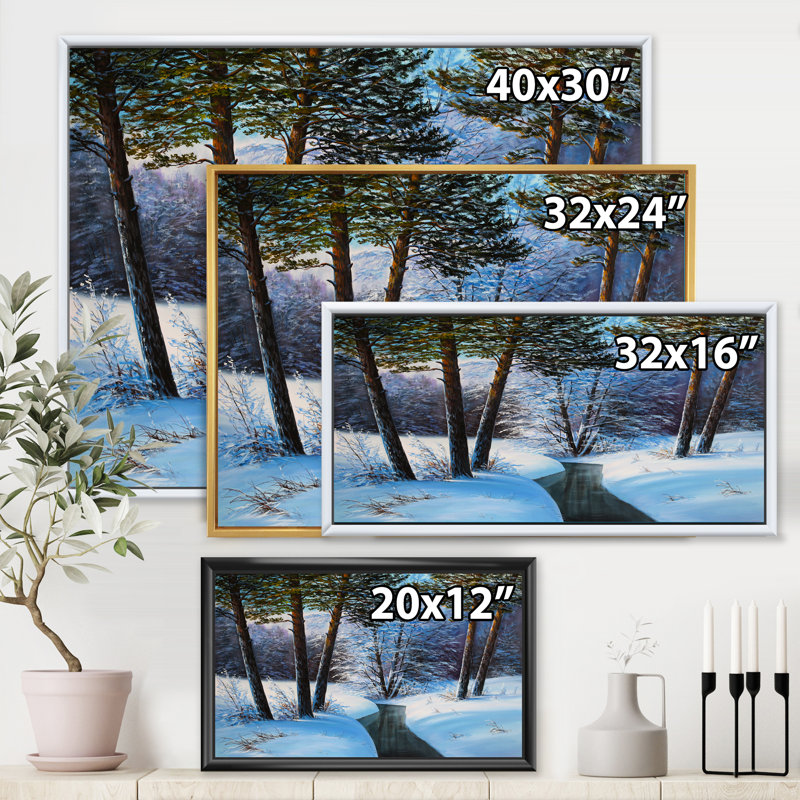 Forêt de Noël avec rivière et arbres III - peinture sur toile, H 16 po x l 32 po x p 1 po, Cadre flottant doré