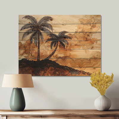 «Copper Palms Tree On Wood Landscape III» - Décoration murale en bois de palmiers et palmiers - sur bois de pin naturel