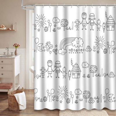 Happy Family Kids Nature Pencil Sketch Shower Curtain with 12 Hooks