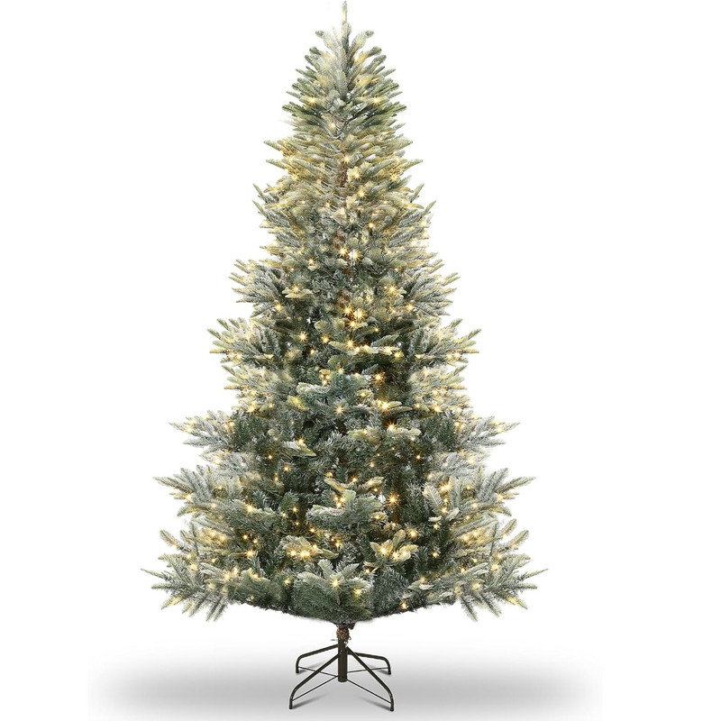 Arbre de Noël artificiel pré-éclairé avec lumières blanc chaud incandescentes, embouts de branches d'arbre de Noël entièrement éclairés enneigé, lumières homologuées UL et support pliable, vert et blanc