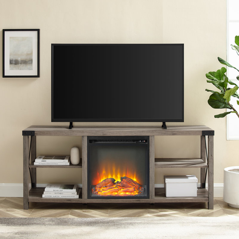 Meuble télé avec foyer électrique pour téléviseur de 65 po ou moins Kaydience, Gris délavé