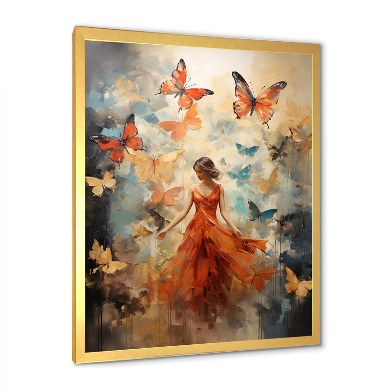 «Butterfly and Woman Dance» - Art mural sur toile, Cadre doré simple, H 40 po x l 30 po x P 1,5 po