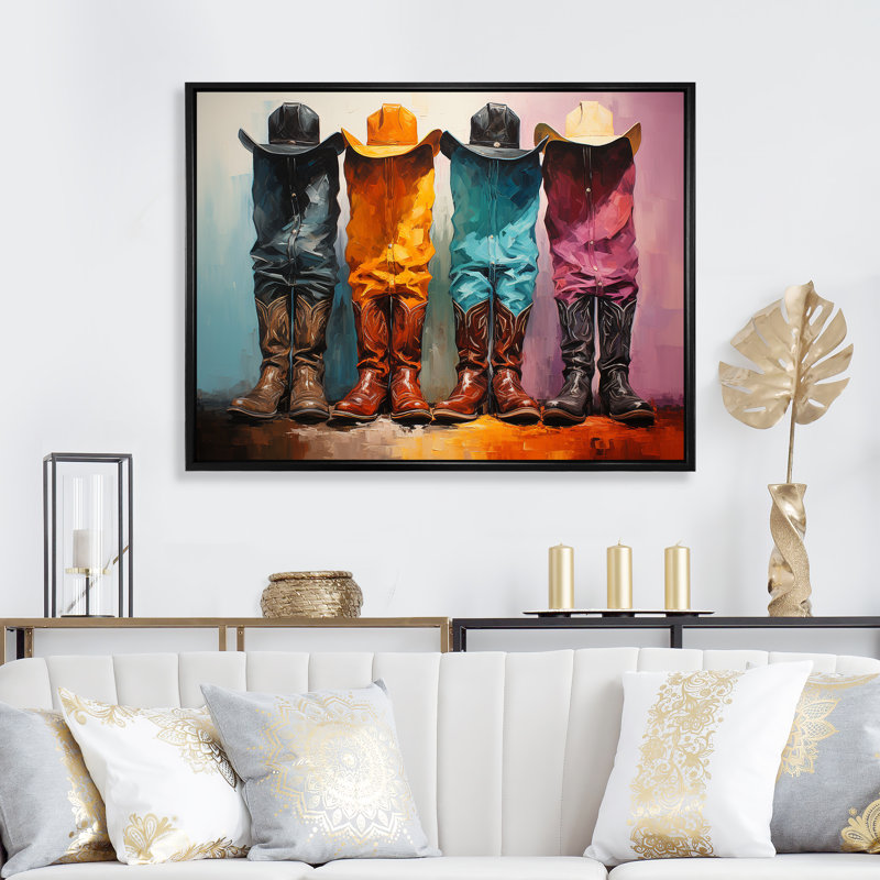 Popart, chapeaux et bottes de cowboy, Cadre flottant noir, H 24 po x l 32 po x P 1 po