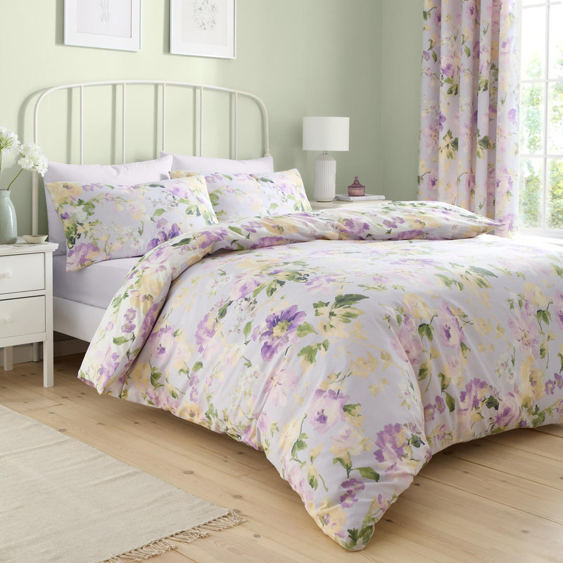 Dreams & Drapes Flourette Cotton Blend Floral Duvet Cover Set with Pillowcases, Double Duvet Cover Set + 2 Pillowcases