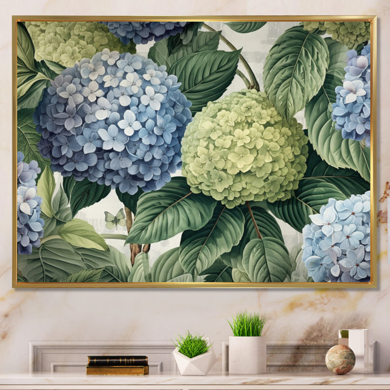 Impression sur toile rose, rose, vert et hortensia, Cadre flottant doré, H 34 po x l 44 po x P 1,5 po
