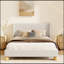 Lit plateforme tapissier moderne en velours avec tête de lit à oreilles et pieds ronds en bois, idéal pour une chambre à coucher élégante et confortable.