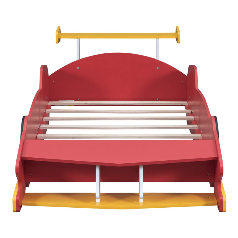 Lit plateforme simple pour voiture de course avec roues, lit pour enfants en bois avec rails latéraux de sécurité, Rouge