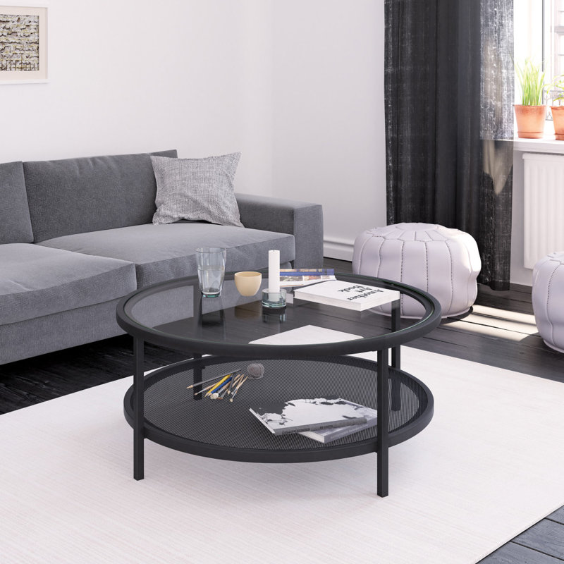 Table basse ronde en acier et en verre de 36 po avec tablette Chiang