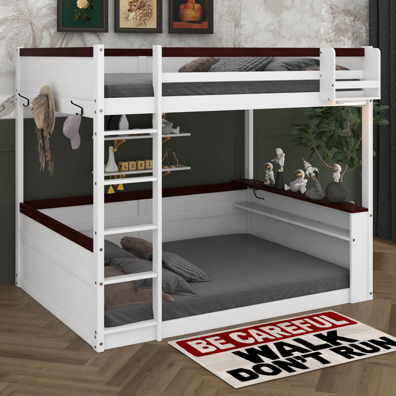 Lit superposé grand en bois avec tablettes intégrées, boîte de rangement, lumière DEL et station de charge USB, aucun sommier nécessaire