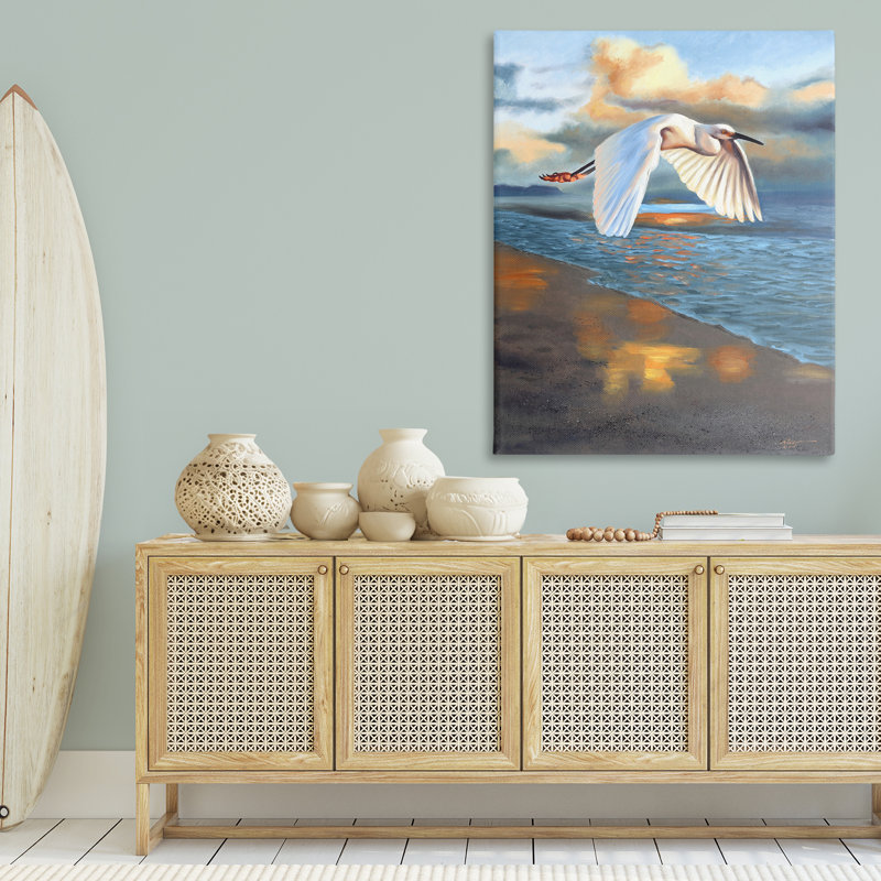 "Egret Wingspan over Beach", art mural par D. Rust, H 48 po x l 36 po