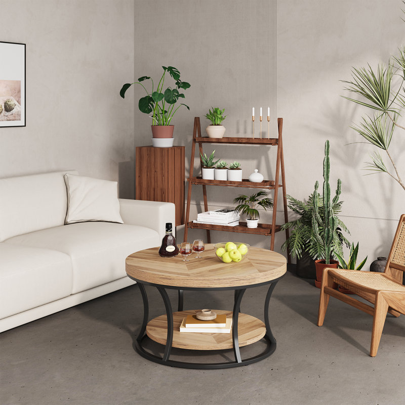 31.49’’ Round Coffee Table With 2-Tier Storage Shelves, Medium Yellow Wood