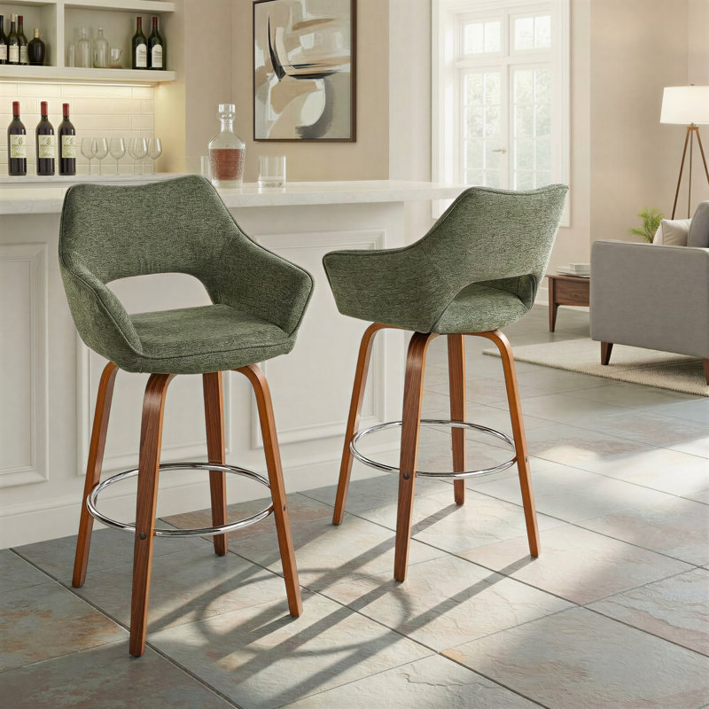 Sarah XL 30" Fixed-Height Upholstered Bar Stool with Bent Wood Legs & Round Footrest, Green
