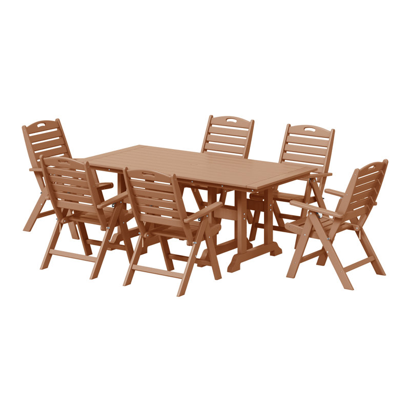 Laguna Rectangular Table Folding Highback Chair Dining Set, Teak, 7 Pcs: Table, 6 Chairs