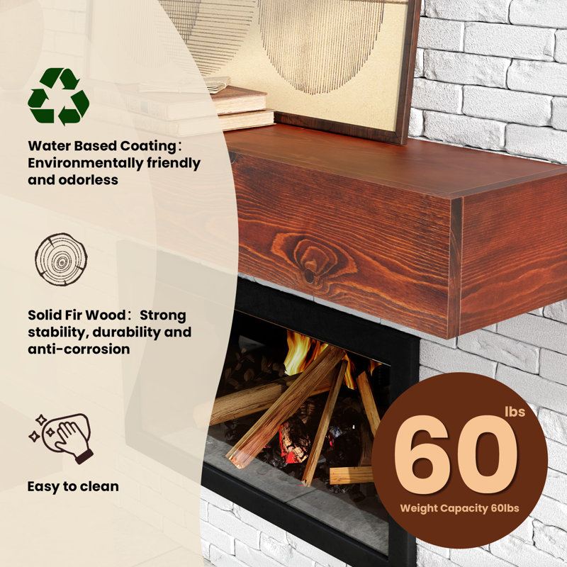 Cowanda Rustic Solid Wood Fireplace Mantel Shelf, Hand Carved Floating Mantel, 6" H x 9" W x  36" D, Antique Cherry