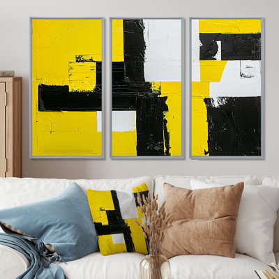 Geometric Pulse Of Yellow And Black Paint I - Abstract Geometric Wall Art Living Room Set