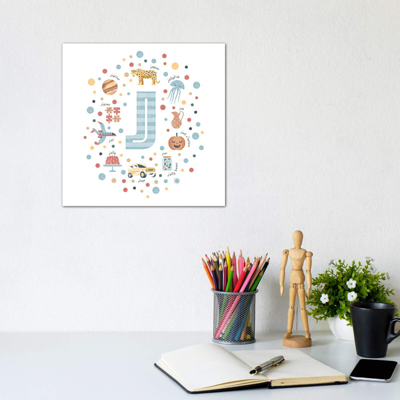 Lettre illustrée J bleue - impression, Toile tendue, Pas de tapis, H 12 po x l 12 po x P 0,75 po