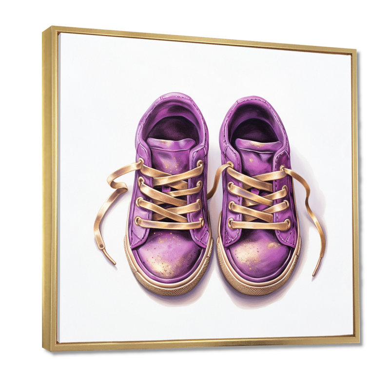 «Purple Glam Gym Shoes Golden Laces», art mural espadrilles tendance, Toile avec cadre flottant or