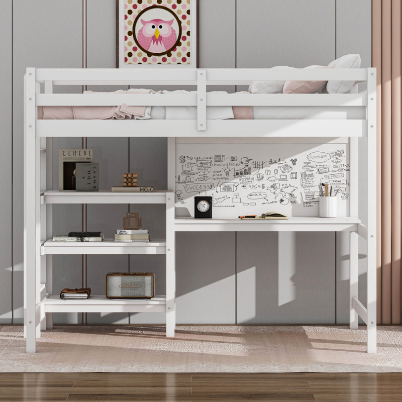 Lit mezzanine double en bois avec tablettes, bureau et tableau d'écriture