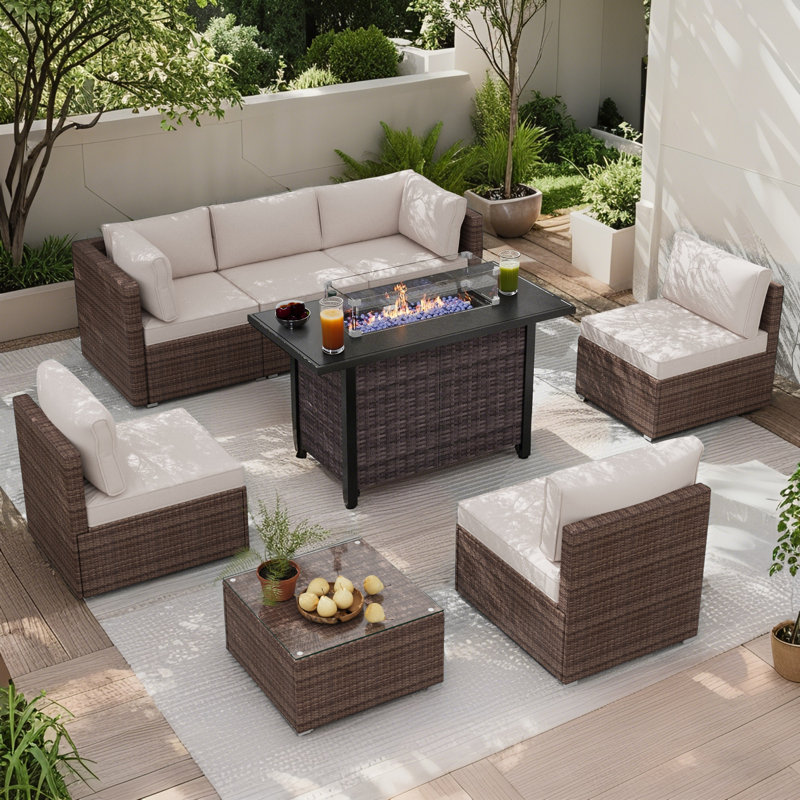 8 Pieces Outdoor Wicker Patio Furniture Set with Fire Pit Table, Burgundy/Gray