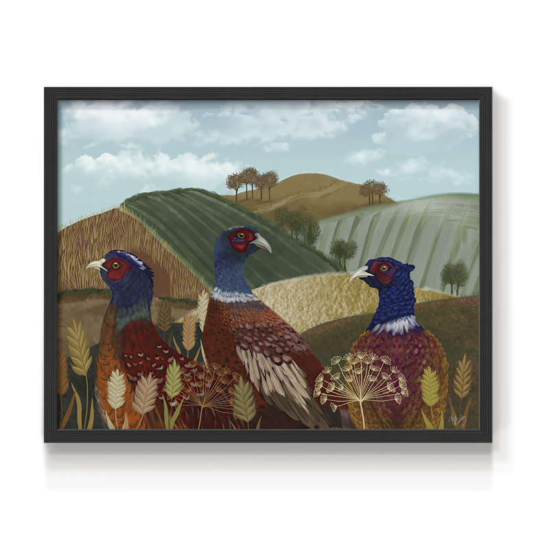 Trio de faisans dans un champ - Reproduction encadrée - Restickable, H 11 po x l 14 po, Noir, noir, noir, noir