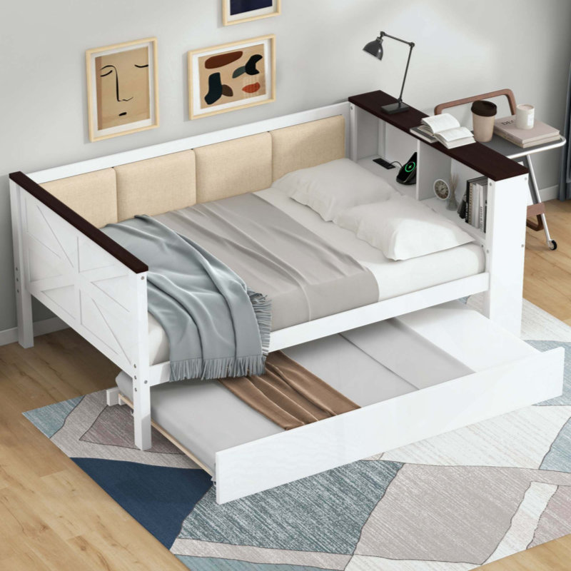 Wood Daybed With Storage Shelves, Upholstered Backrest,USB And Trundle, Twin