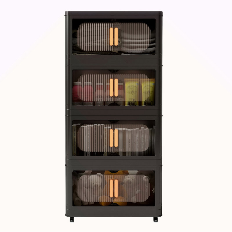 20" Side Wide Folding Storage Cabinet ,4 Tiers,19.69"×11.81"×40.55",Collapsible Storage Bins With Magnetic Door, Plastic Storage Cabinet With Wheels