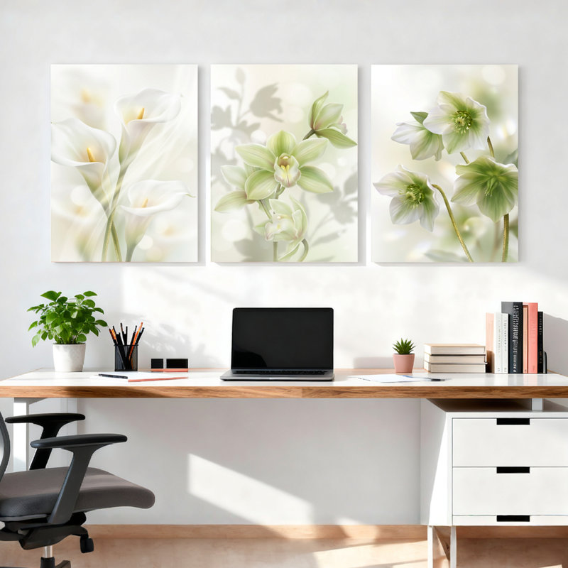Ensemble de 3 tableaux muraux sur toile tendue représentant des lys calla blancs et des orchidées vertes, pour la décoration du salon et de la chambre.