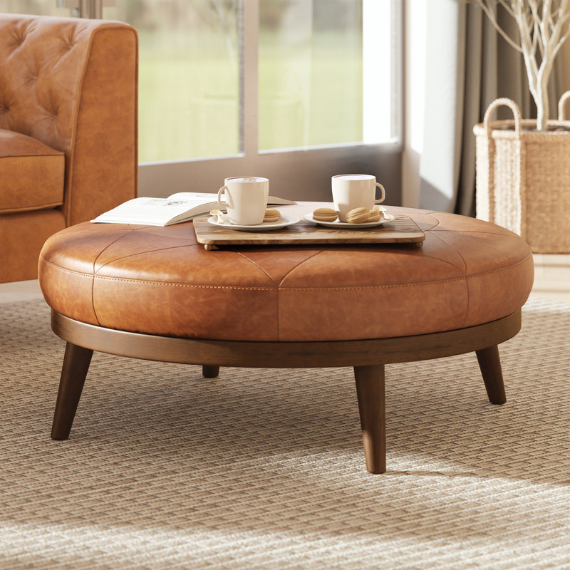 Gio Full-Grain Genuine Italian Leather Ottoman, Cognac Tan