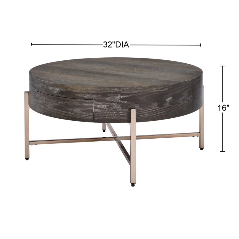 Table basse ronde brune avec une base en métal champagne et un tiroir, finition en bois de chêne foncé, 32 po de largeur, organisez votre placage à structure en X, carré, espace