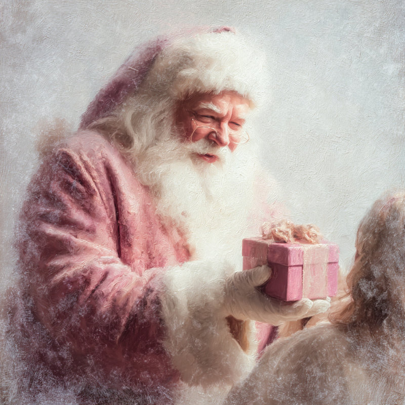 «Pink Santa», échange de cadeaux sur toile tendue, H 30 po x l 30 po