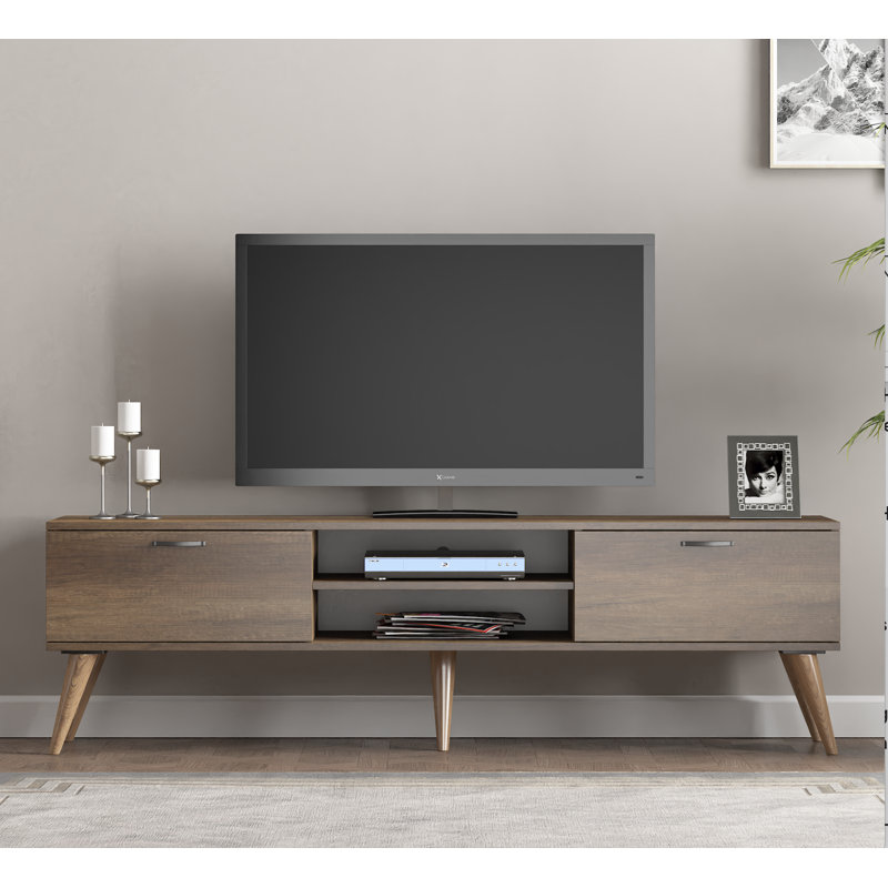 Meuble télé Juback pour téléviseur de 80 po ou moins, meuble télé Mid-Century avec rangement, chêne deux tons et finition blanche