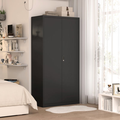 Armoire garde-robe en métal avec serrure, tringle à suspendre et tablettes réglables, noire pour la chambre à coucher, résistante à la décoloration