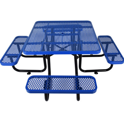 Table de pique-nique carrée extérieure de 117 cm (46 po) en acier bleui - Mât de parasol inclus pour le camping et le plaisir - Revêtement robuste, convient aux journées de pêche