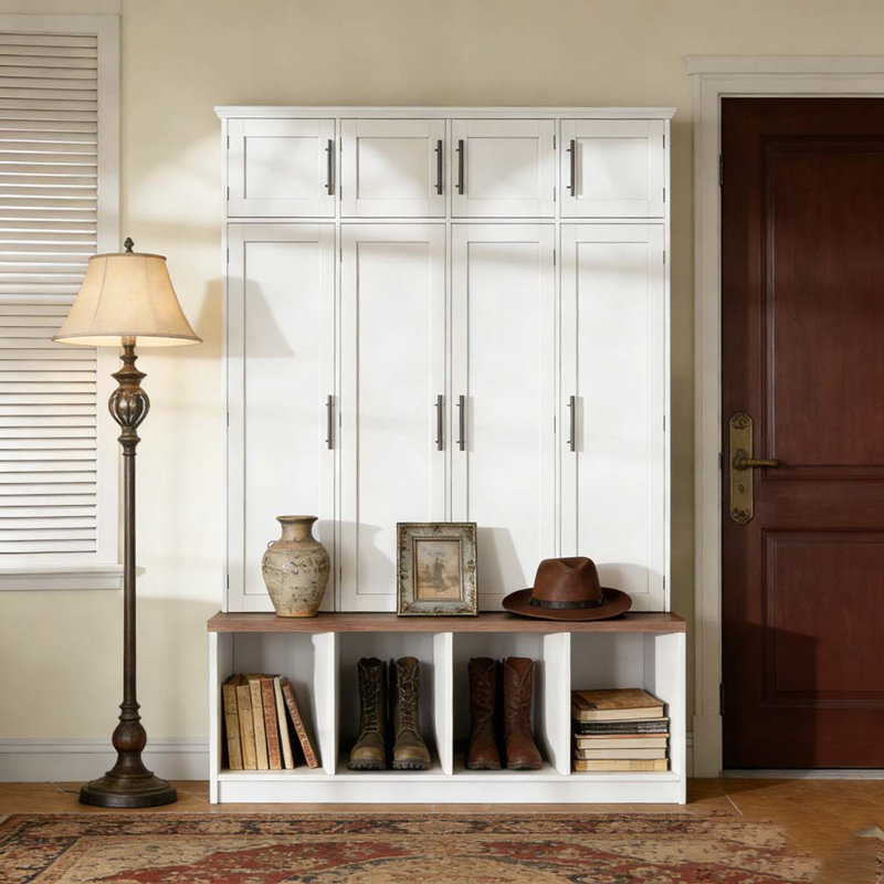 Hall Tree with 4 Hidden Hanging Hooks,Seating Bench with 8 Doors, White